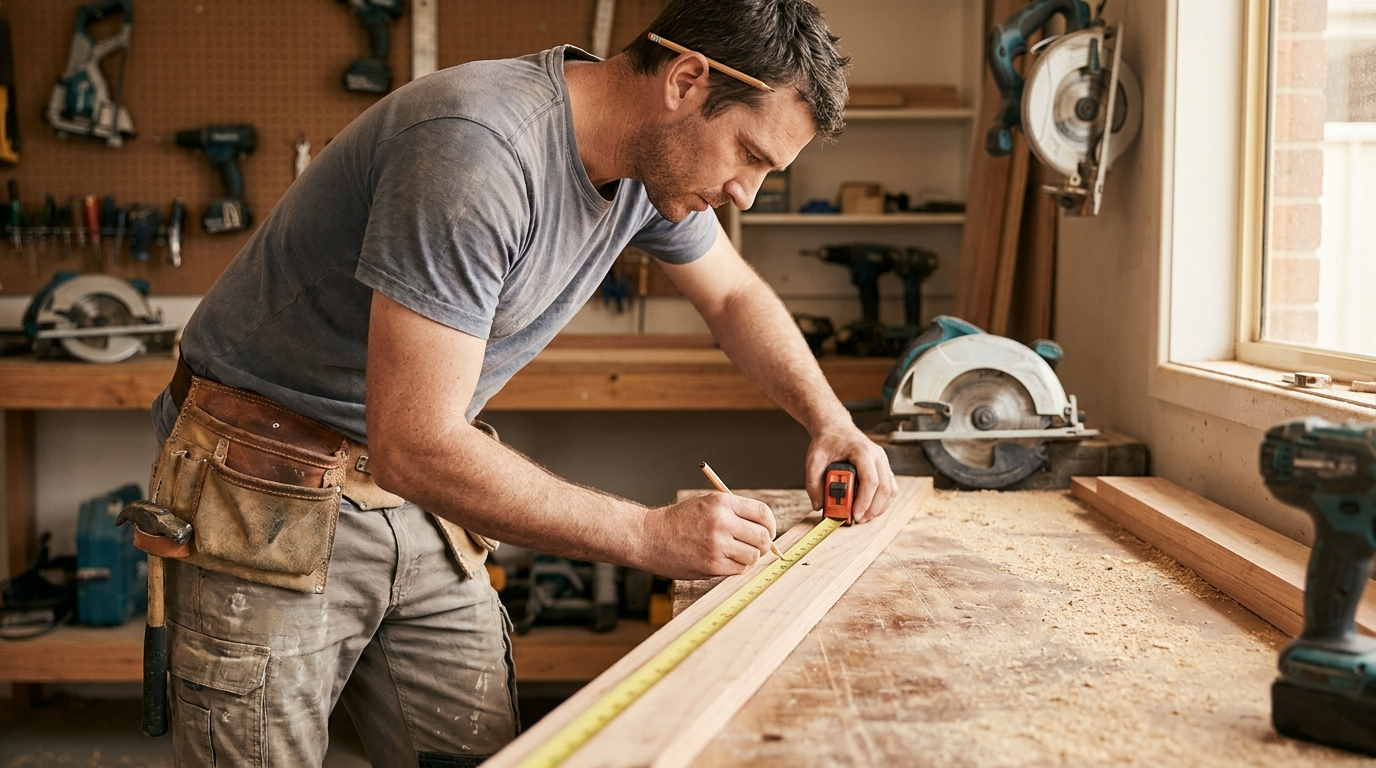 Australian carpenter measuring timber in a workshop