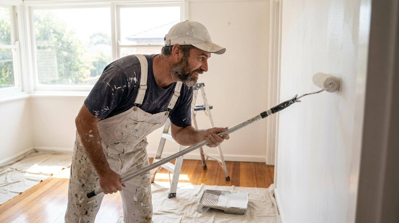 Australian painter rolling paint onto an interior wall