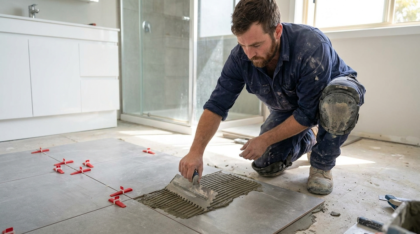 Australian tiler laying tiles on a bathroom floor