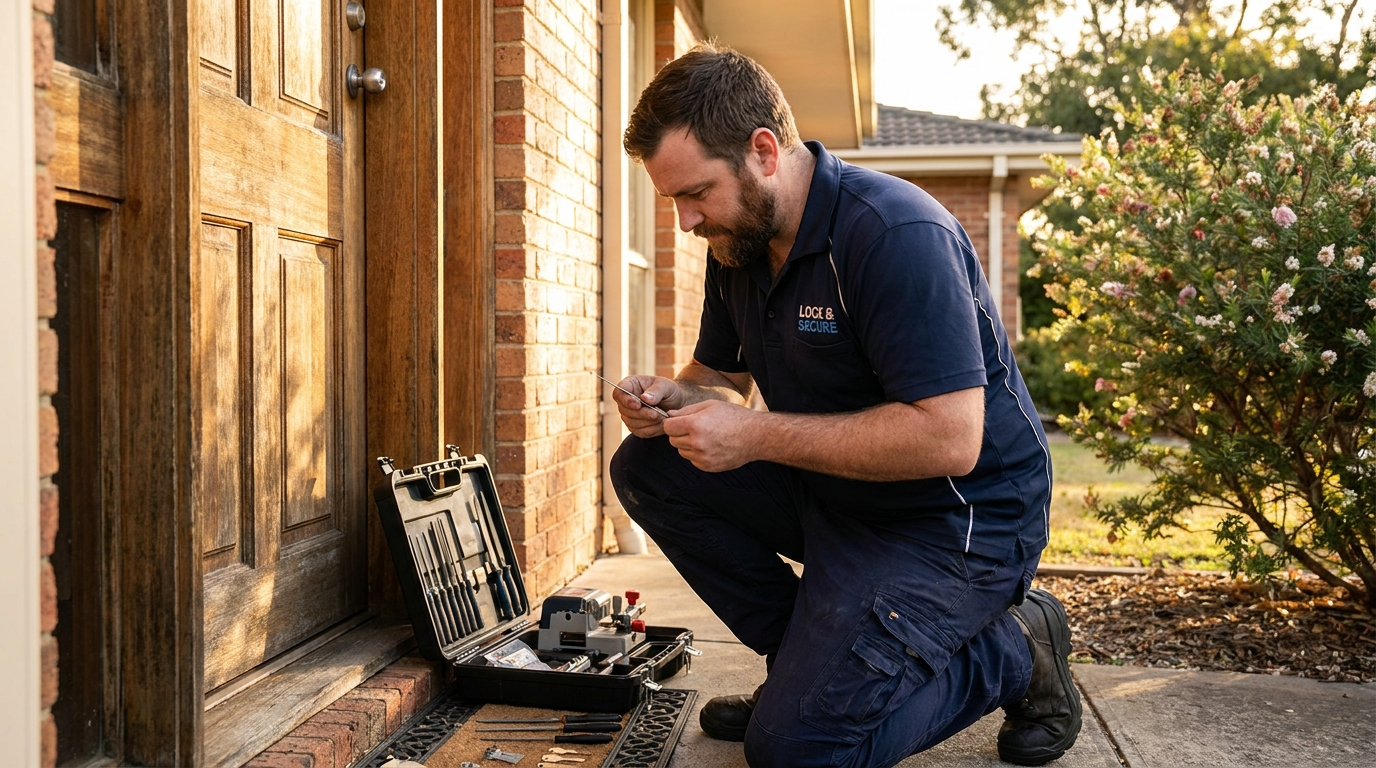 Australian locksmith working on a residential front door lock