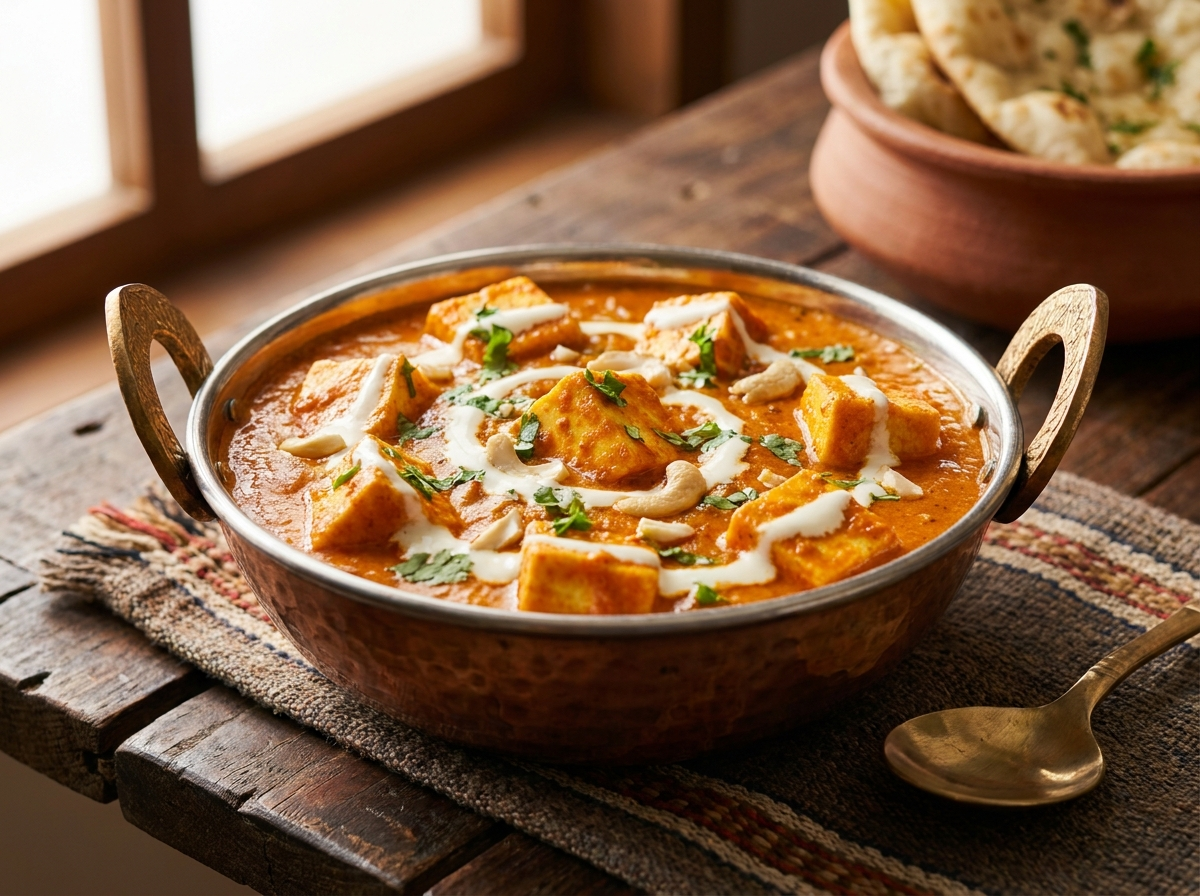 Shahi paneer — homemade cheese cubes in a creamy royal tomato gravy