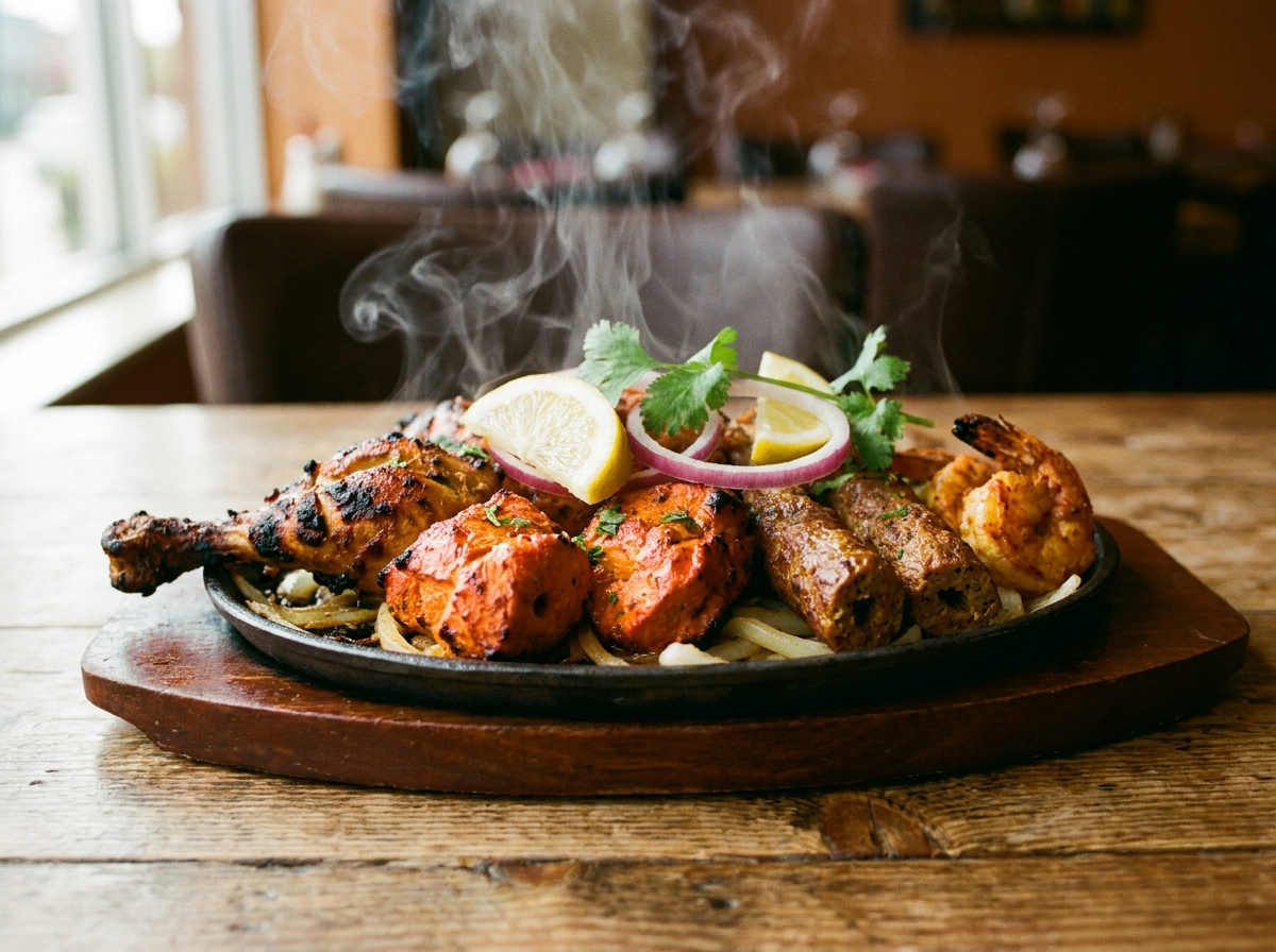 Mixed tandoori platter with sheekh kabab, chicken tikka, tandoori chicken and shrimp