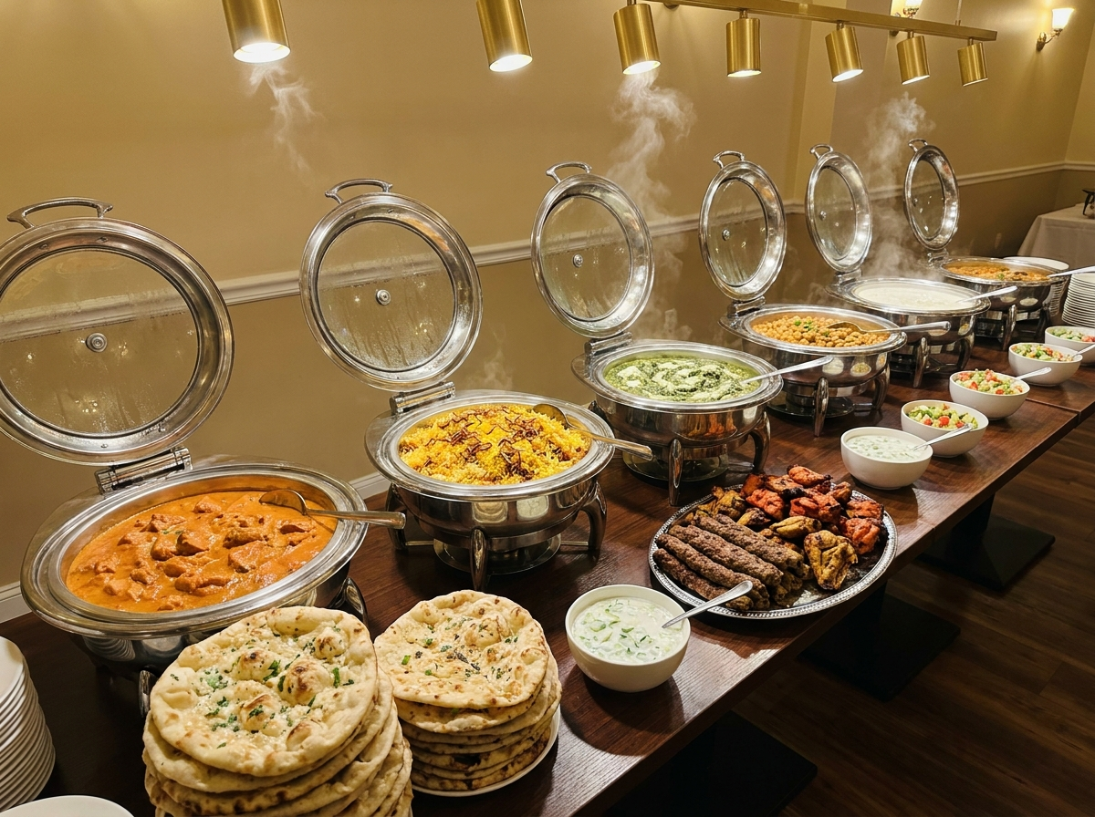 Buffet traiteur halal — biryani, poulet au beurre, kababs et naans — illustration
