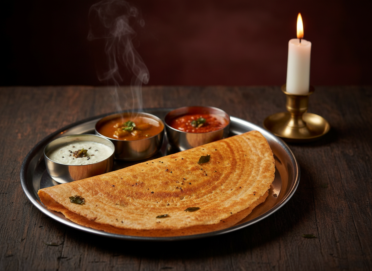 Masala dosa dorée et chutneys — illustration