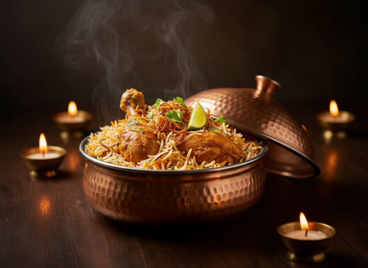Biryani au poulet en handi de cuivre — illustration