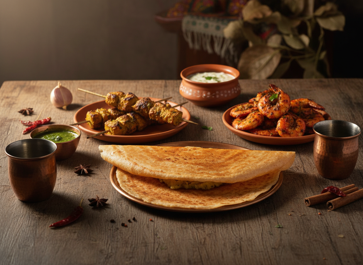 Nouveautés du tableau — dosa, chaap et crevettes tandoori — illustration