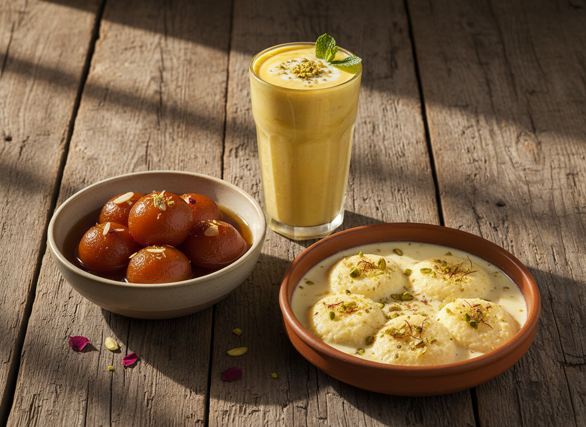 Desserts indiens — gulab jamun, ras malai, lassi — illustration