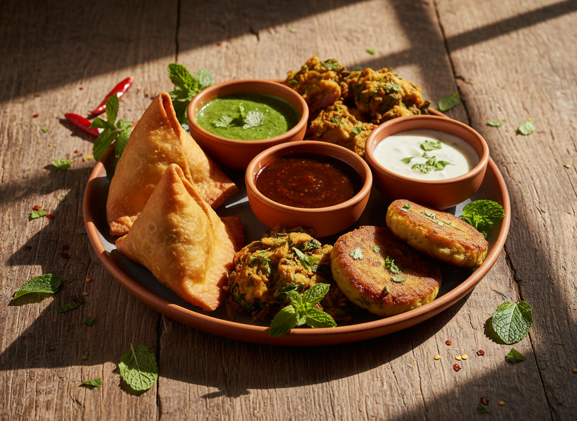 Plateau d'entrées — samossas, pakoras, tikki — illustration