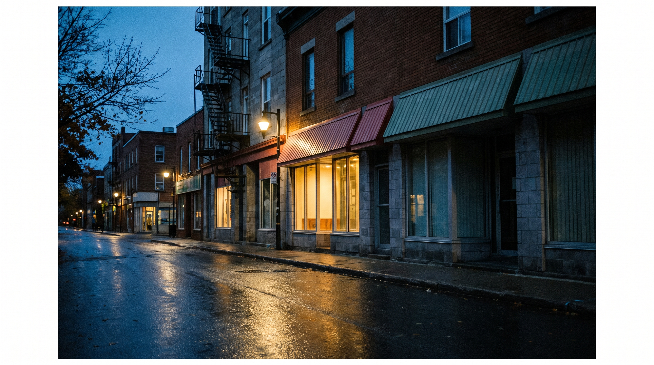 A Montréal commercial street at blue hour, shop windows lit — illustration