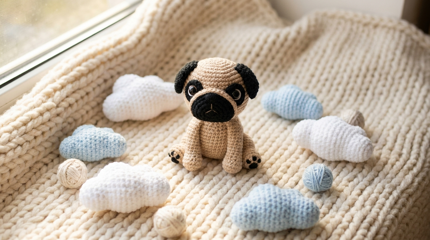 Crocheted amigurumi pug plushie surrounded by amigurumi cloud plushies