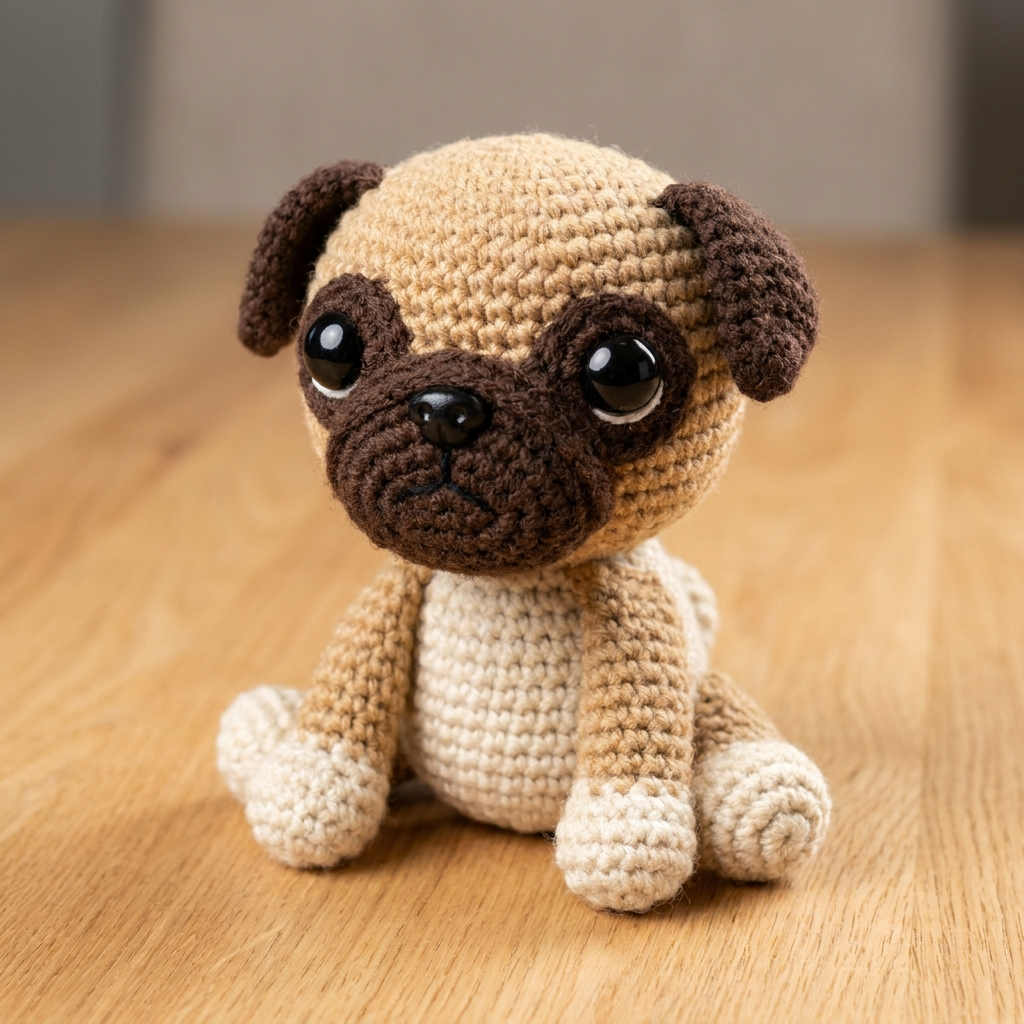 Close-up of a handmade crocheted amigurumi pug plushie