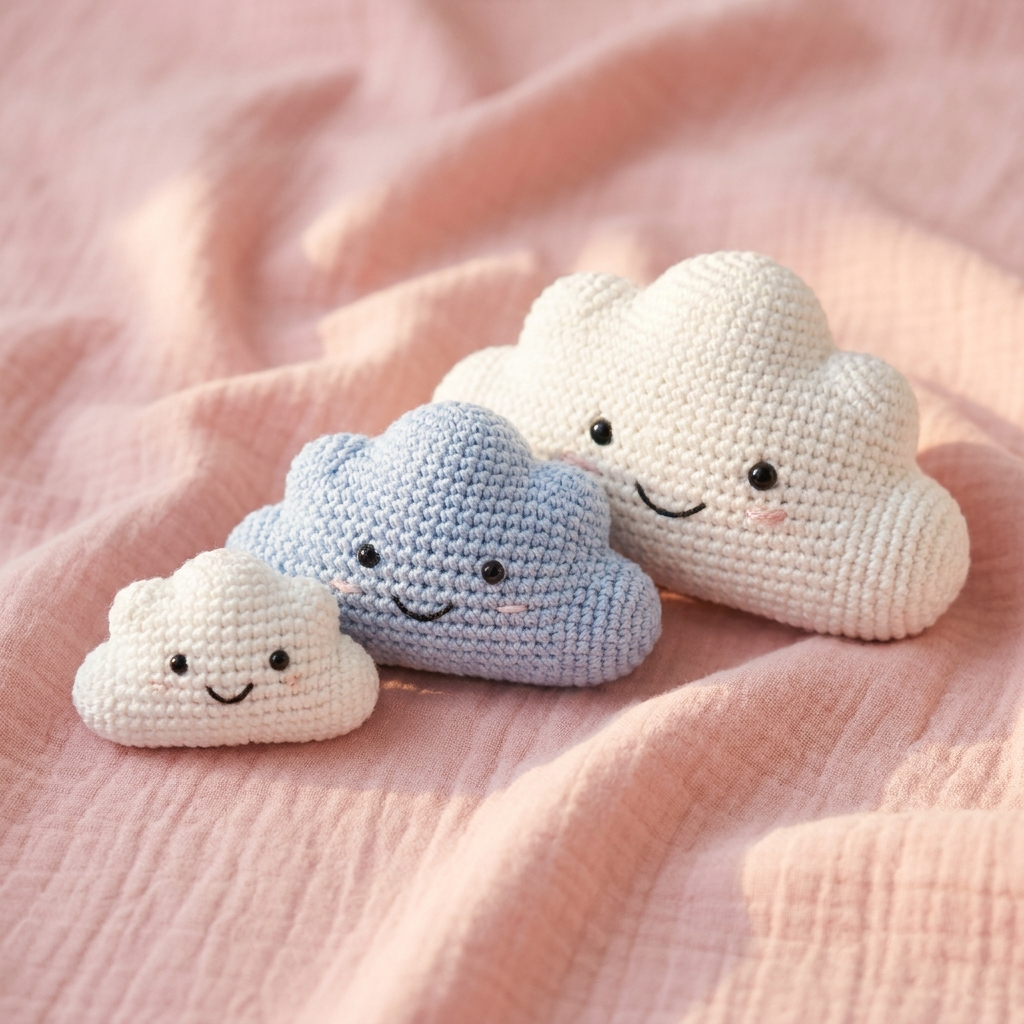 Set of amigurumi cloud plushies in white and pastel blue