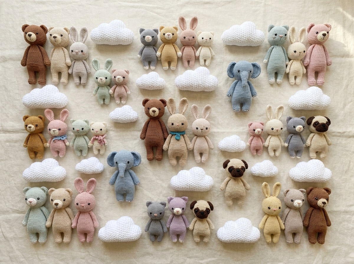Collage of assorted amigurumi crochet animal plushies