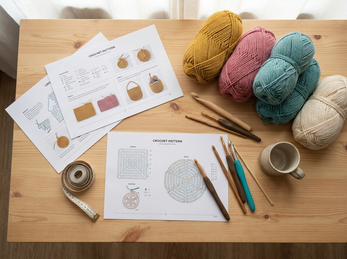 Flat lay of printed crochet patterns, yarn and hooks