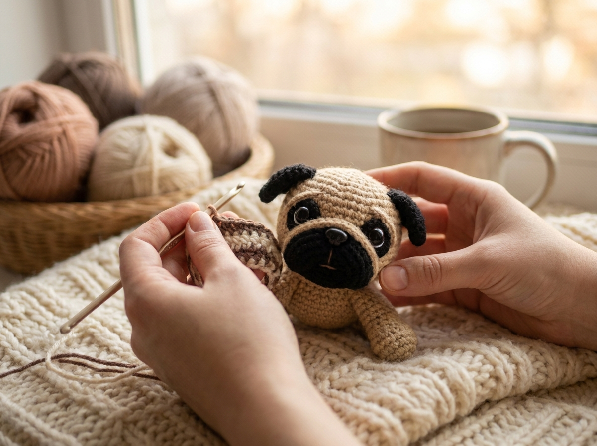 Hands crocheting an amigurumi pug in progress