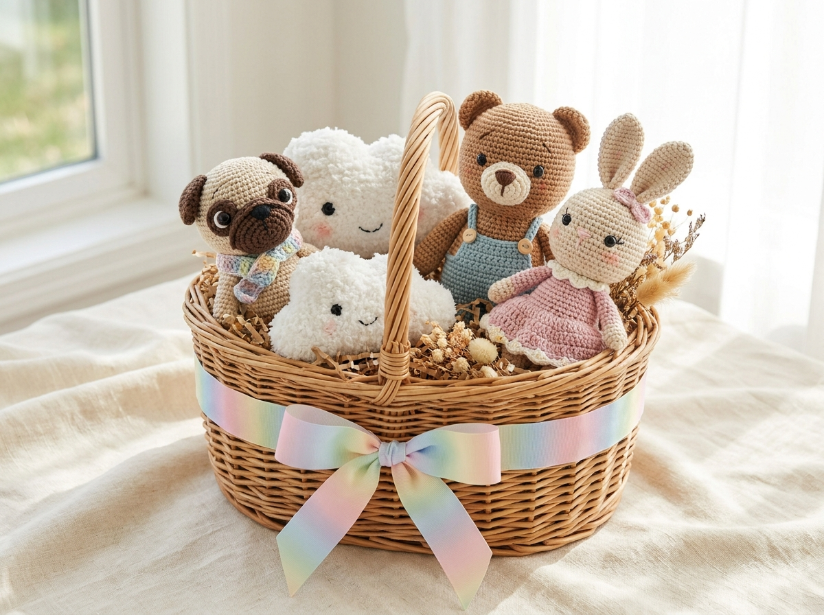 Gift basket of assorted amigurumi crochet plushies
