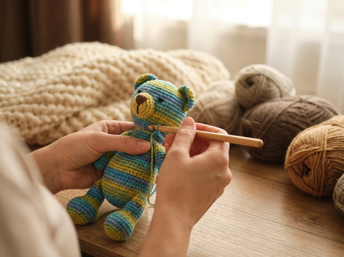 Close-up of hands crocheting an amigurumi toy, video tutorial preview