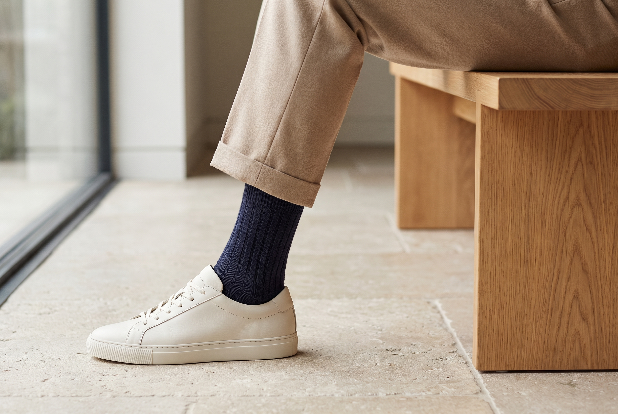 Cashwool navy Sockateur socks worn with an off-white smart sneaker, seated close-up detail shot