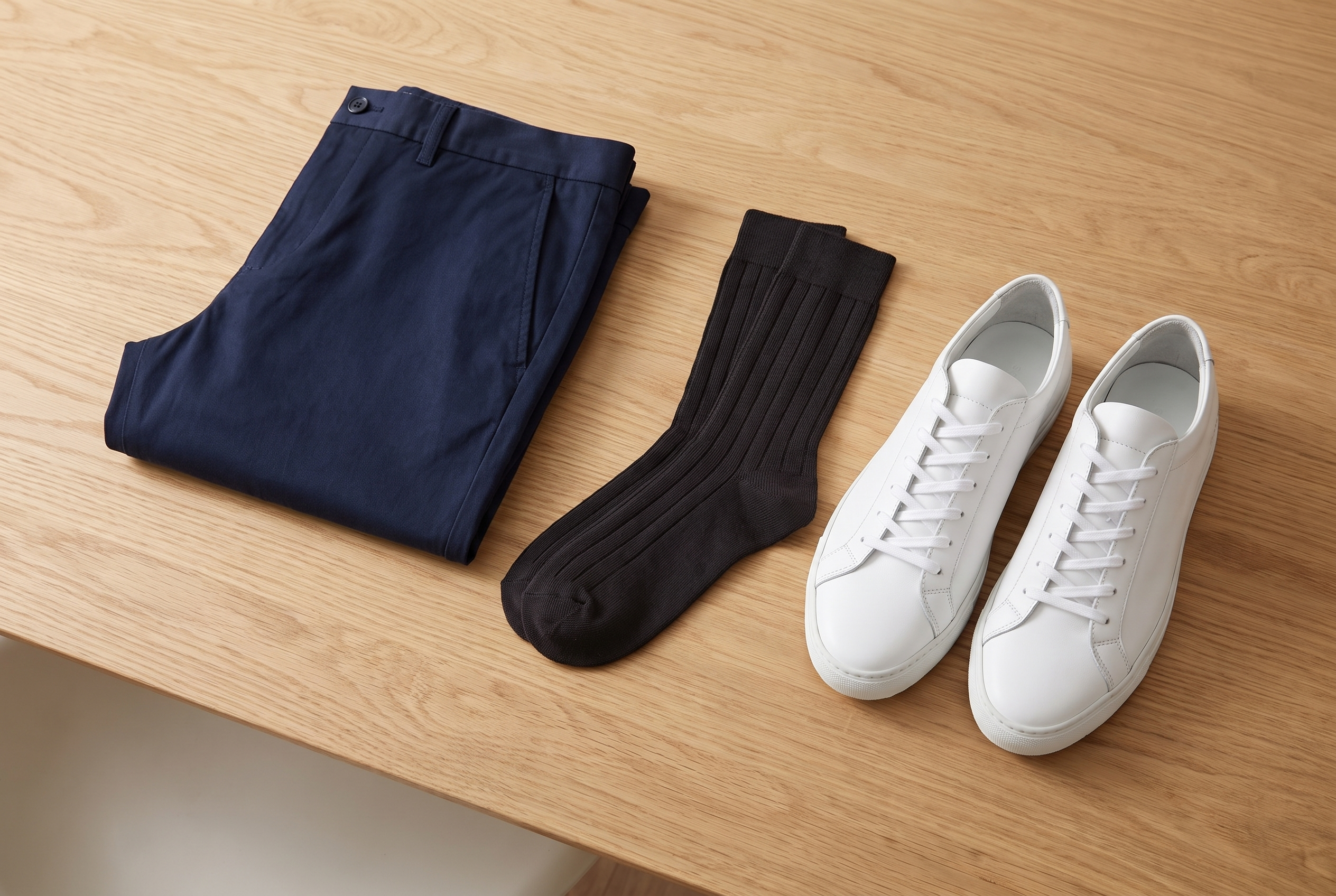 Flat lay of Sockateur Classic black merino socks, folded navy trousers and white smart sneakers