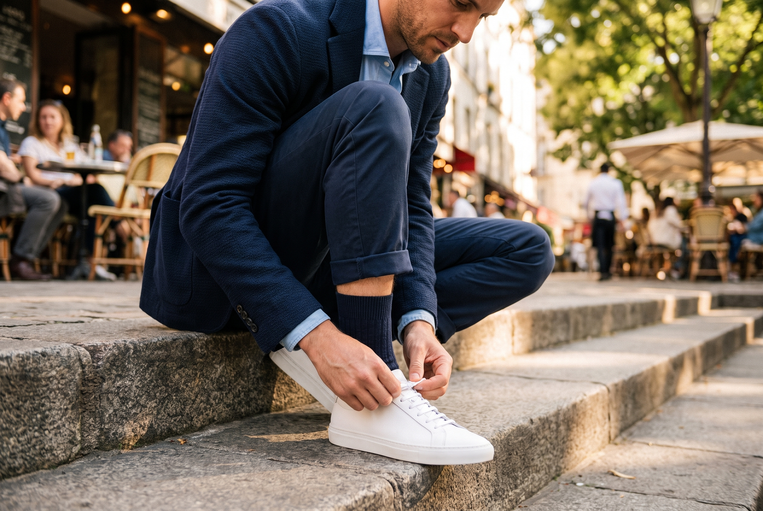 Sockateur ribbed navy sock worn while tying a smart sneaker lace on a cafe step
