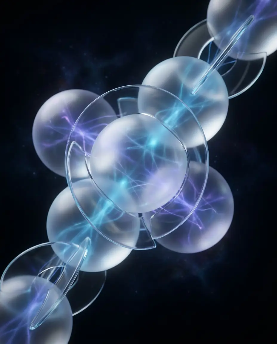 Glowing glass spheres connected by light trails