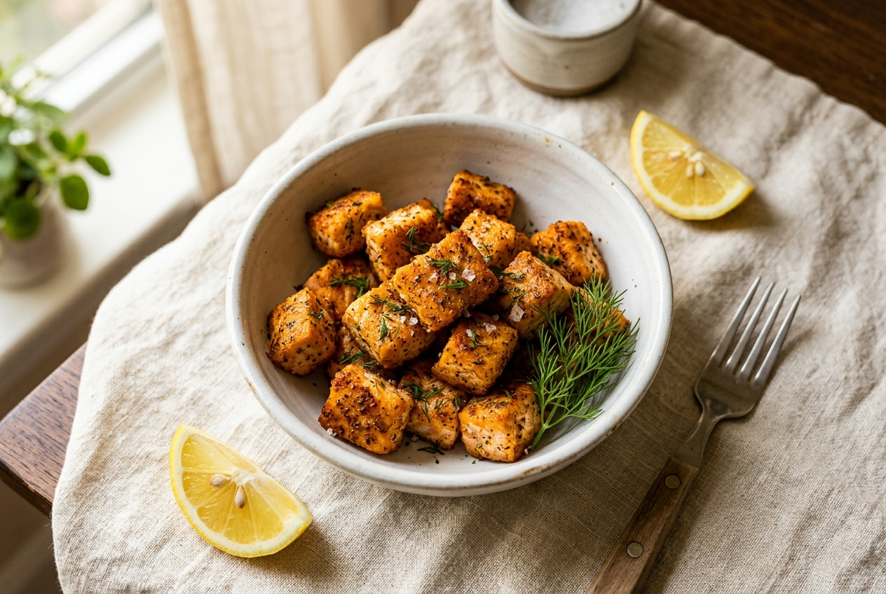 Crispy air fryer salmon bites in a bowl with dill and lemon