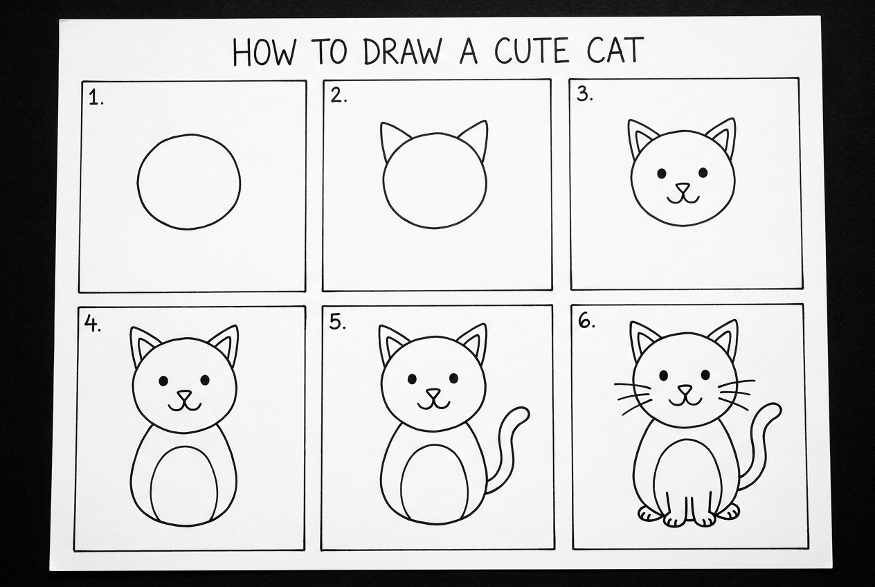 How to draw a cat in 6 easy steps tutorial sheet