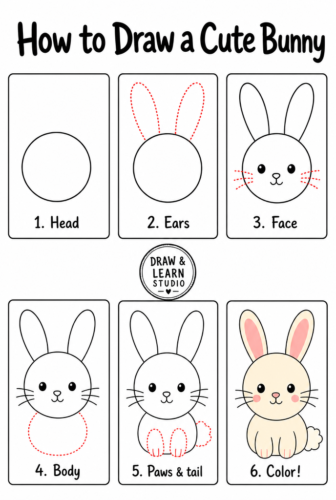 Bunny drawing ideas worksheet showing how to draw a bunny in 6 easy numbered steps