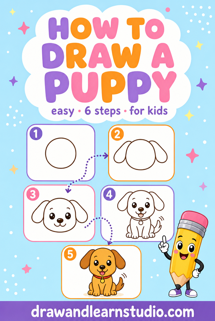 Puppy drawing ideas step-by-step sheet showing how to draw a puppy in easy numbered panels
