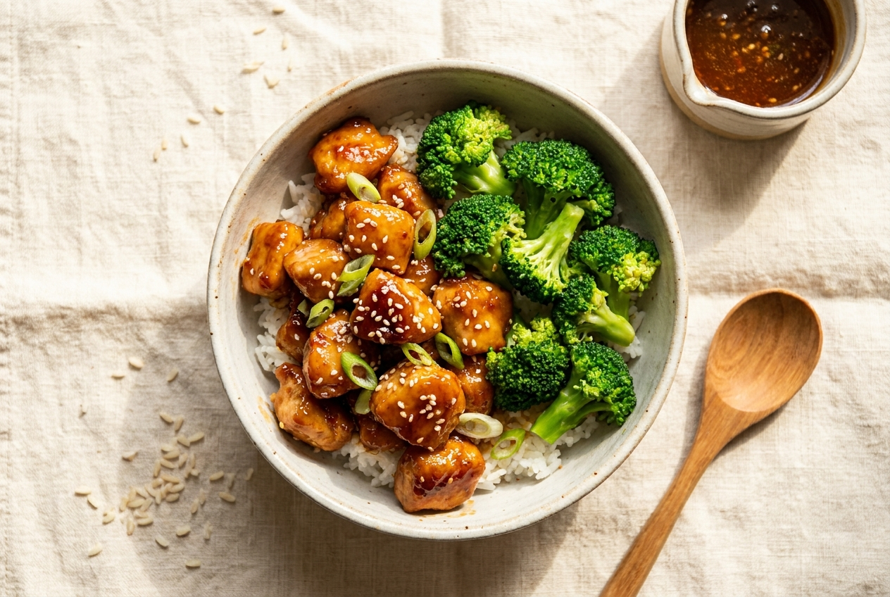 Honey garlic chicken bowls — easy high protein dinner recipe with glazed chicken, rice and broccoli