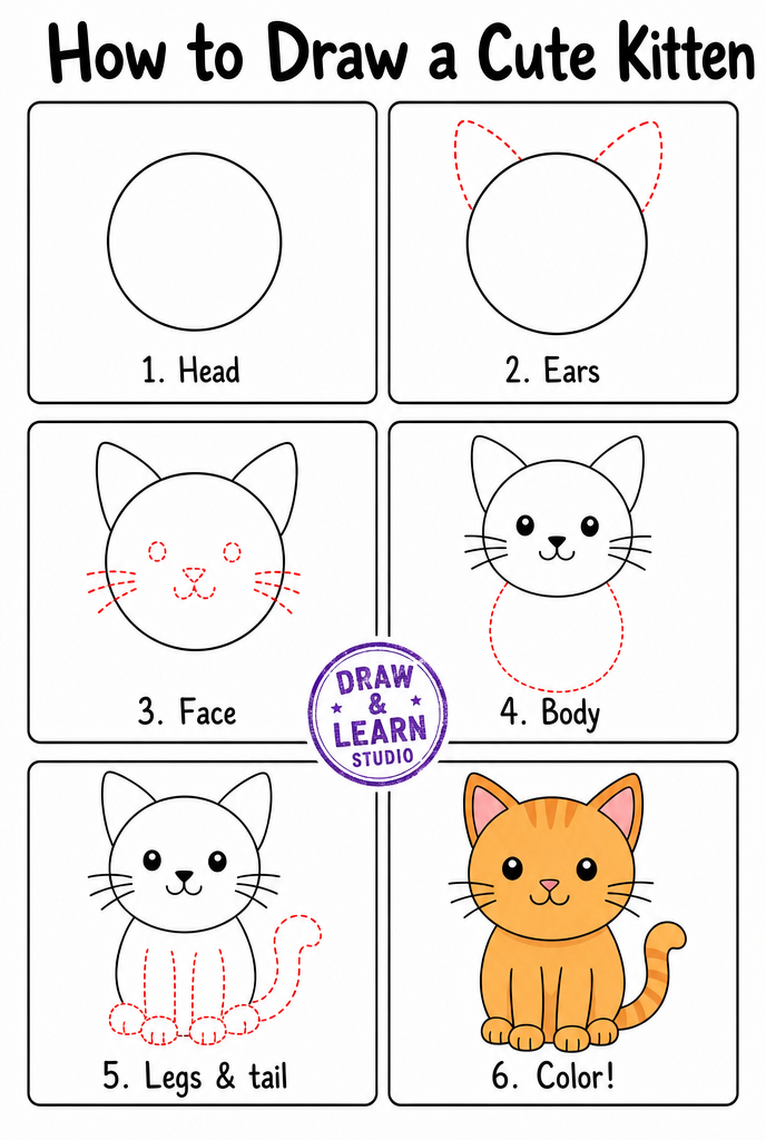 How to draw a kitten step by step worksheet — easy kitten drawing ideas for kids in 6 numbered panels