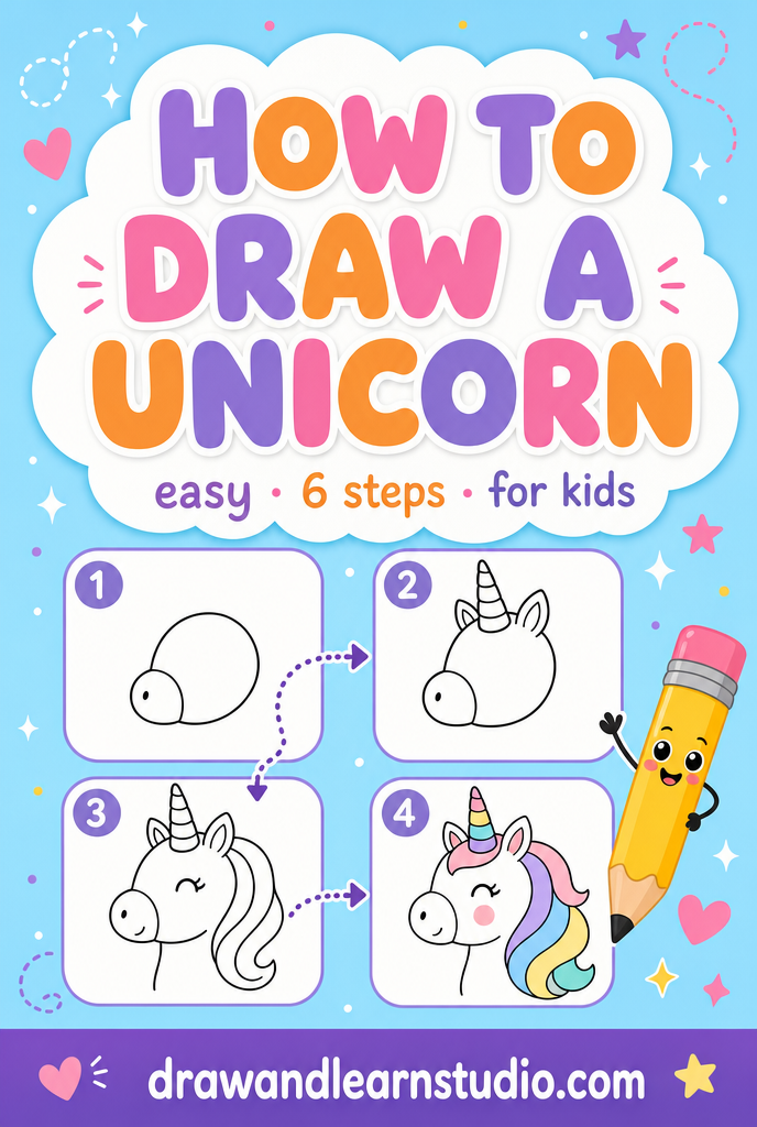 How to draw a unicorn step by step tutorial — easy unicorn drawing ideas for kids in numbered panels