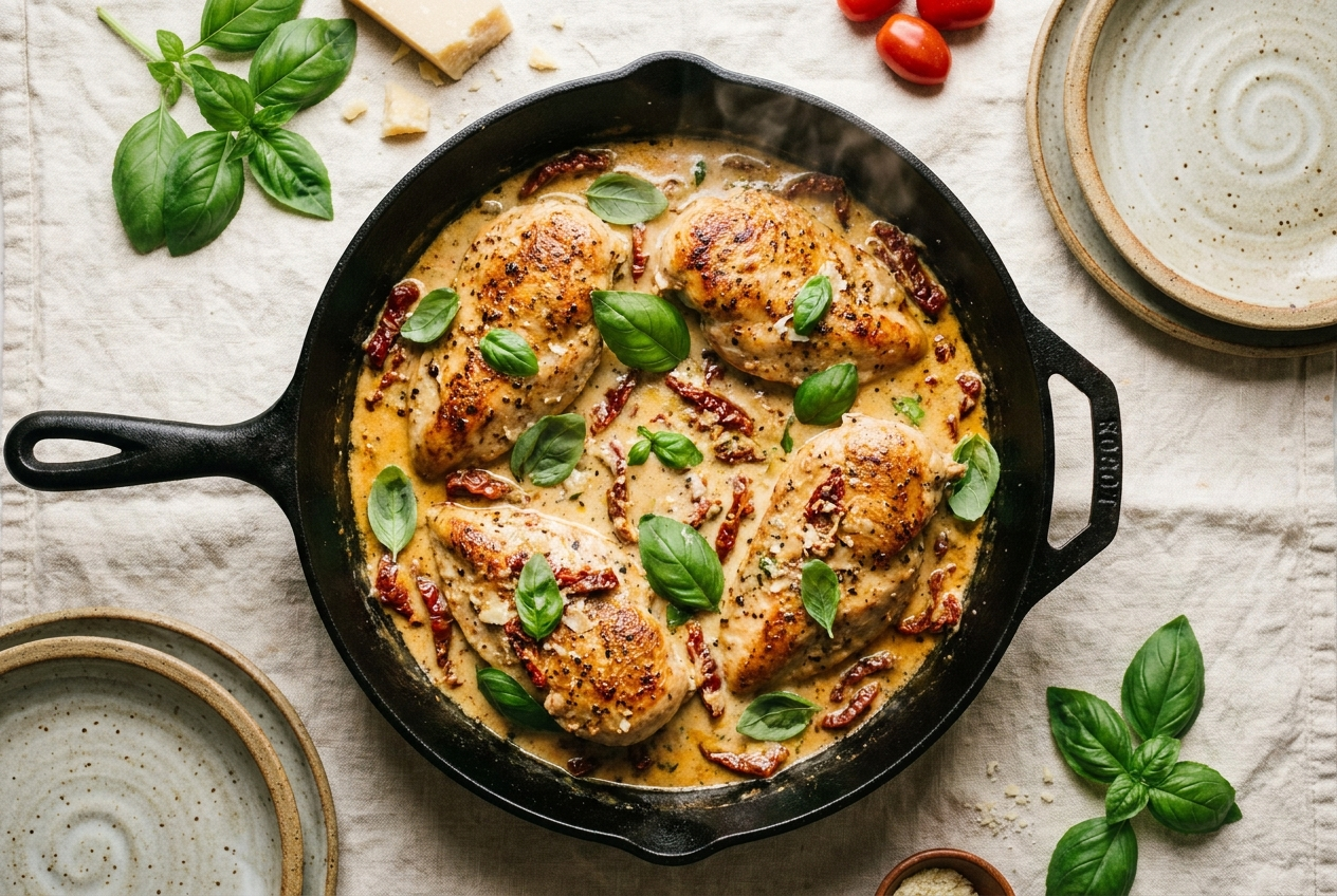 Marry me chicken — seared chicken breasts in creamy sun-dried tomato parmesan sauce in a rustic skillet, an easy dinner recipe