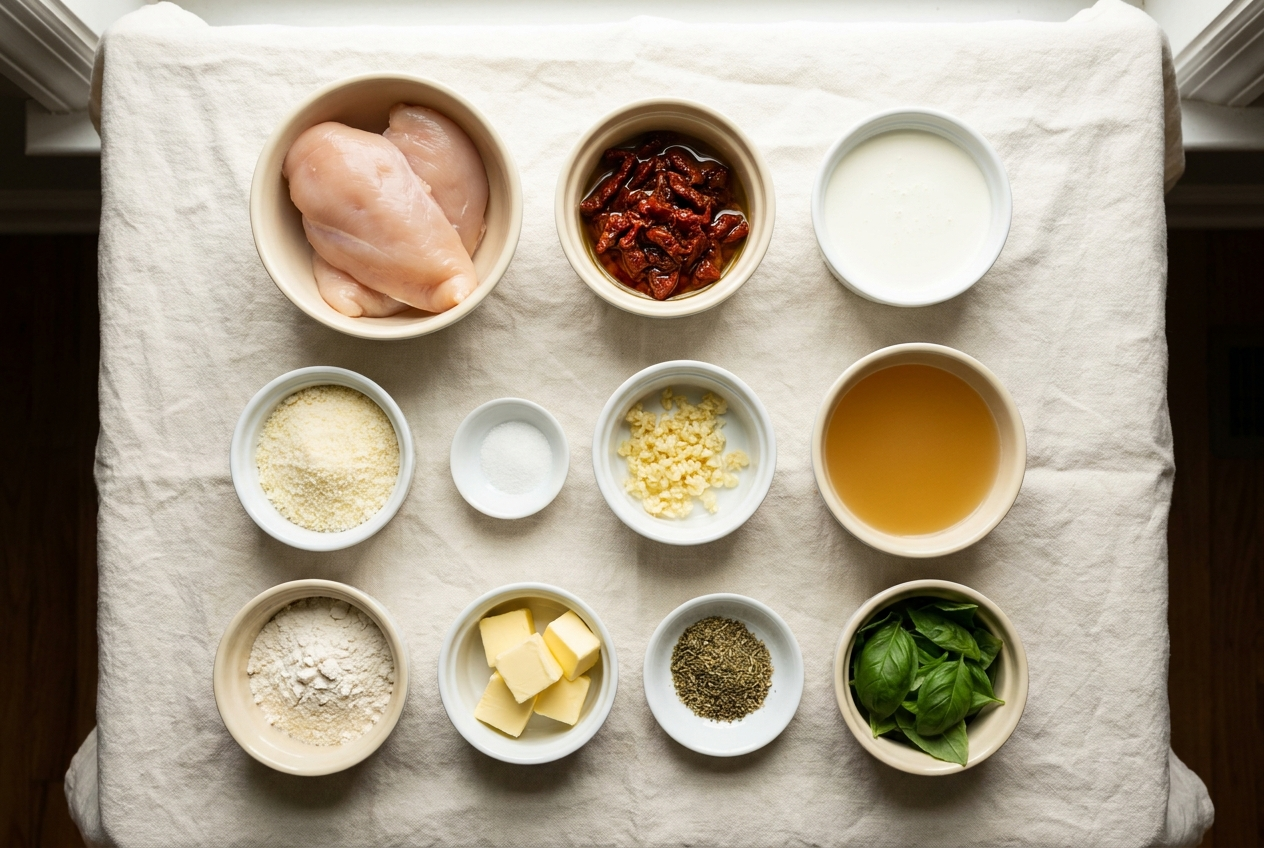Ingredients for marry me chicken portioned into small bowls — chicken breasts, sun-dried tomatoes, heavy cream, parmesan, garlic, broth, flour, butter and basil