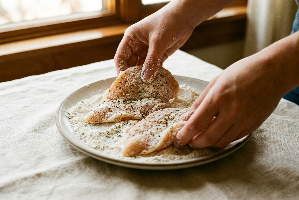 Chicken cutlets being seasoned and dredged in flour for marry me chicken