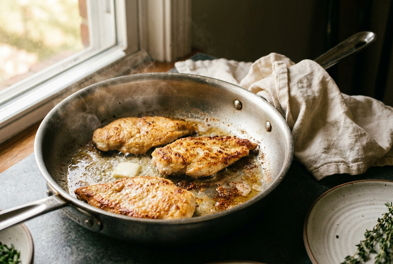 Golden chicken cutlets searing in a hot skillet with butter