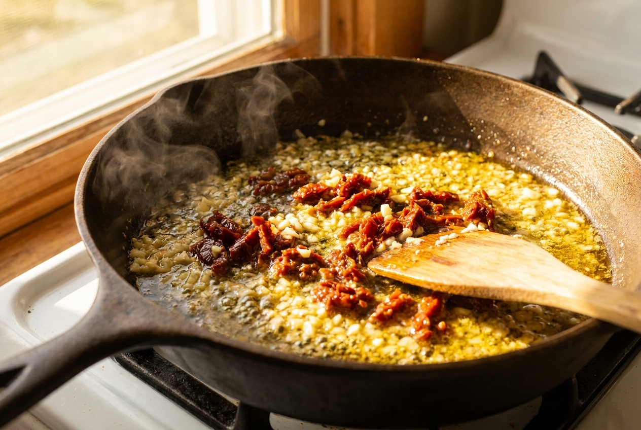 Minced garlic and chopped sun-dried tomatoes sautéing in butter