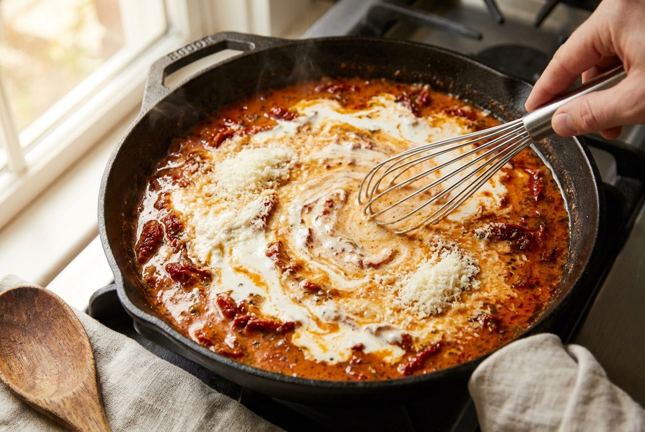 Heavy cream and parmesan being whisked into the sun-dried tomato sauce