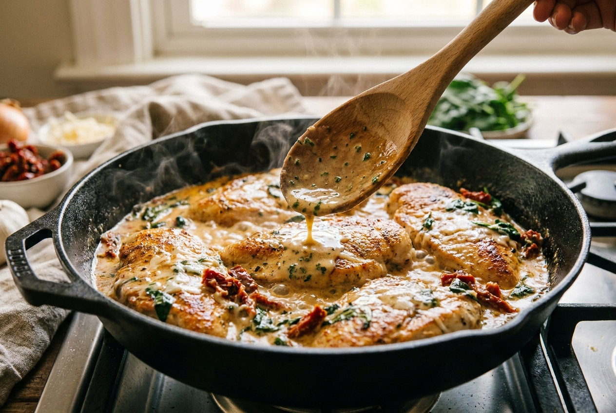 Chicken cutlets simmering in creamy sun-dried tomato parmesan sauce, being basted with a spoon