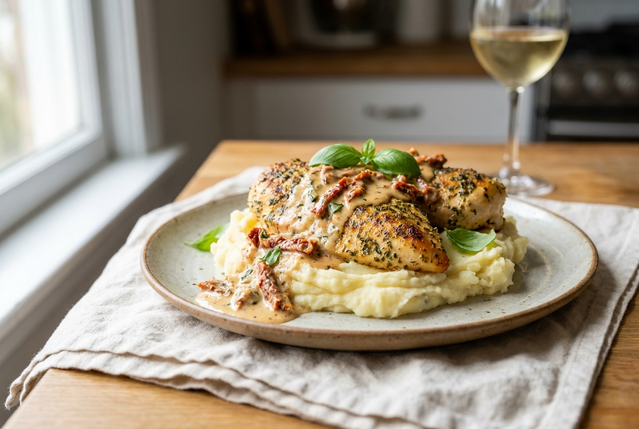 Marry me chicken plated over creamy mashed potatoes with sauce and fresh basil