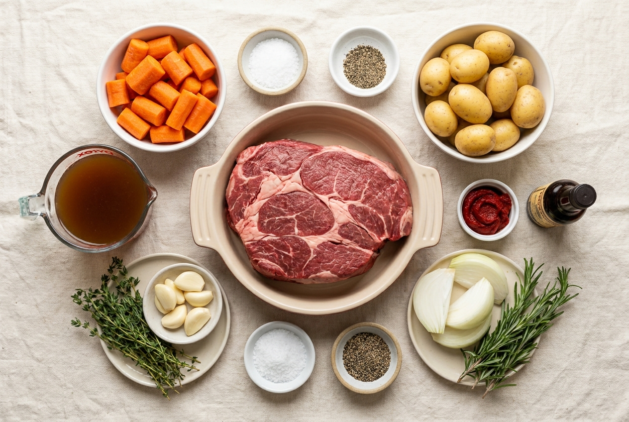 Ingredients for crockpot pot roast in small bowls — chuck roast, carrots, baby potatoes, onion, garlic, beef broth, tomato paste and fresh herbs
