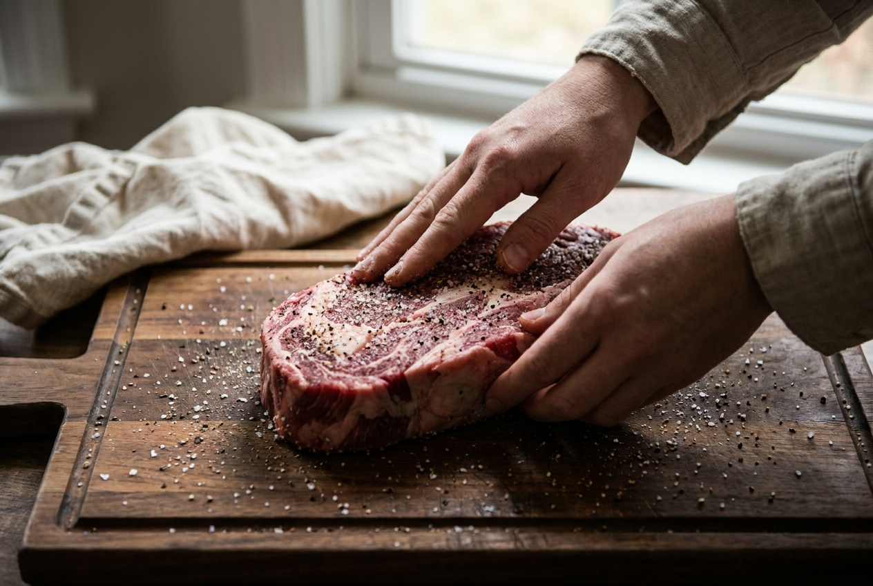 Beef chuck roast being seasoned with salt and coarse black pepper on a wooden board