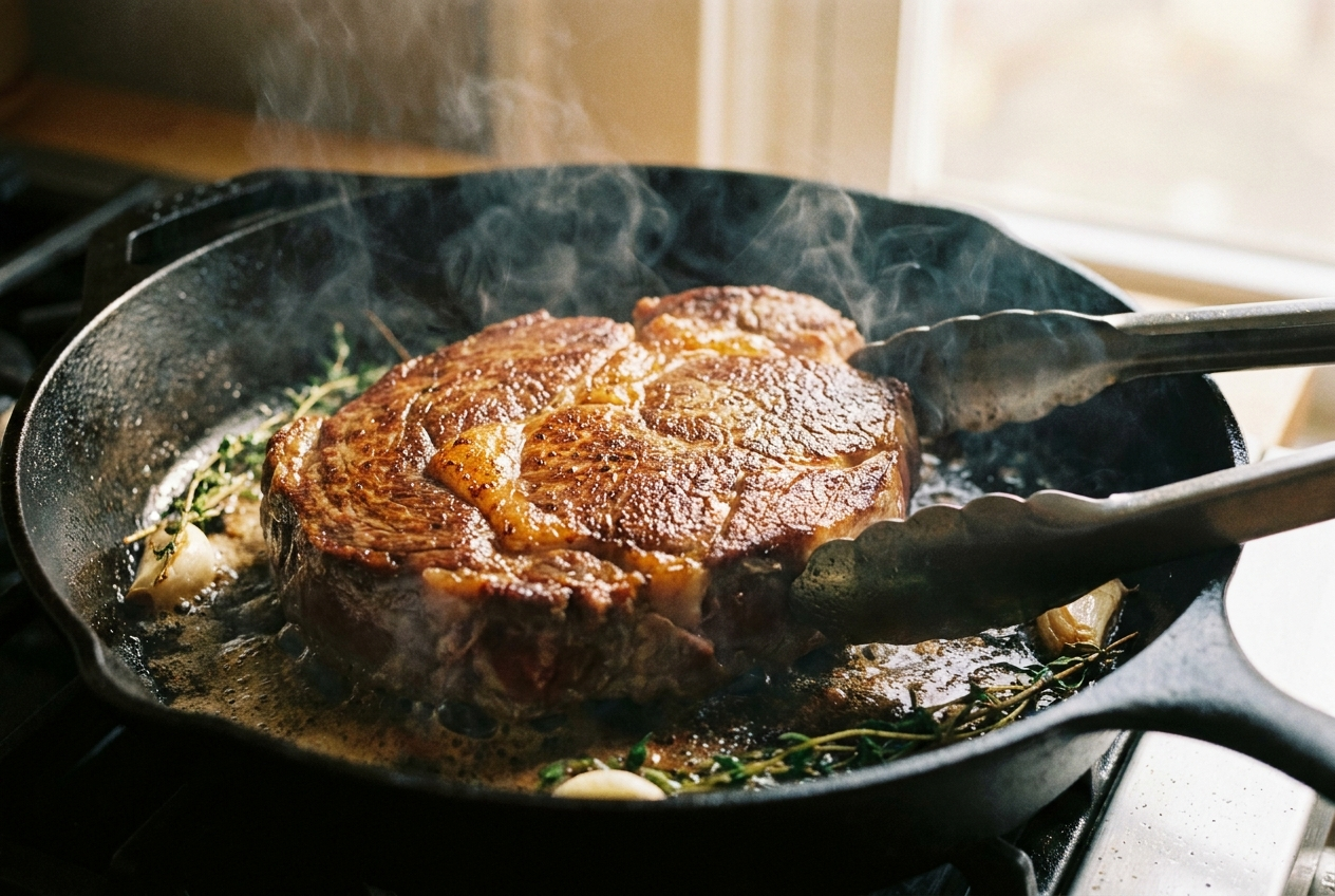 Chuck roast searing in a hot cast iron skillet with a deep golden crust forming
