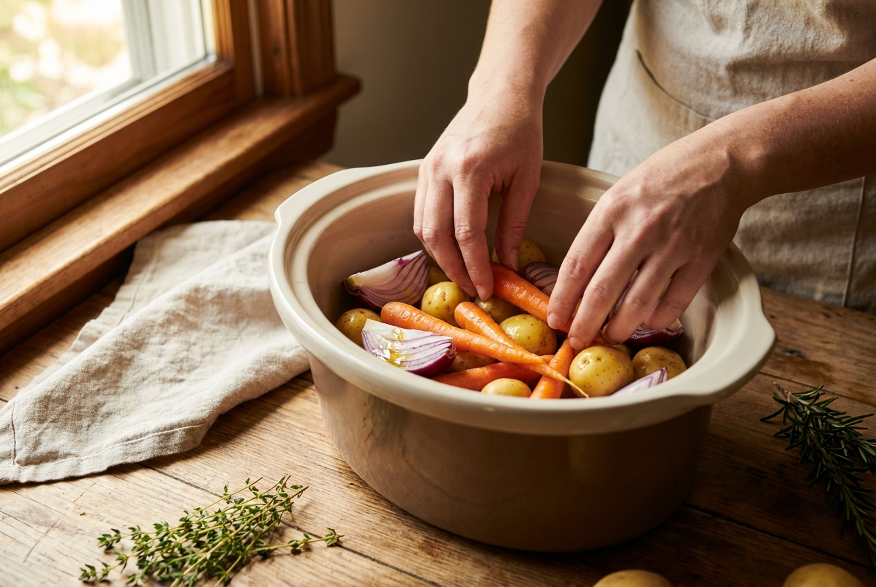 Carrots, baby potatoes and onion wedges being layered into the bottom of a slow cooker