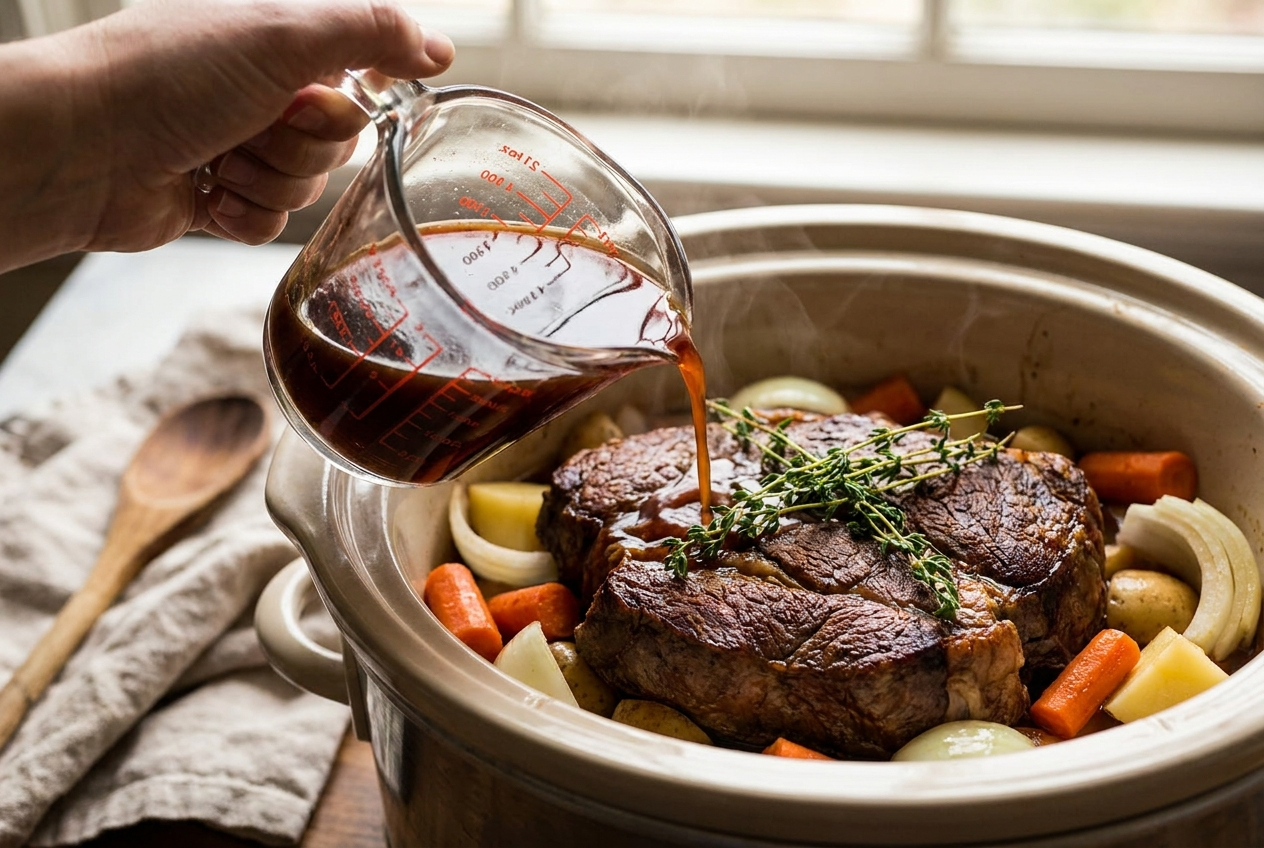 Beef broth and tomato paste mixture being poured over the seared roast and vegetables in the slow cooker