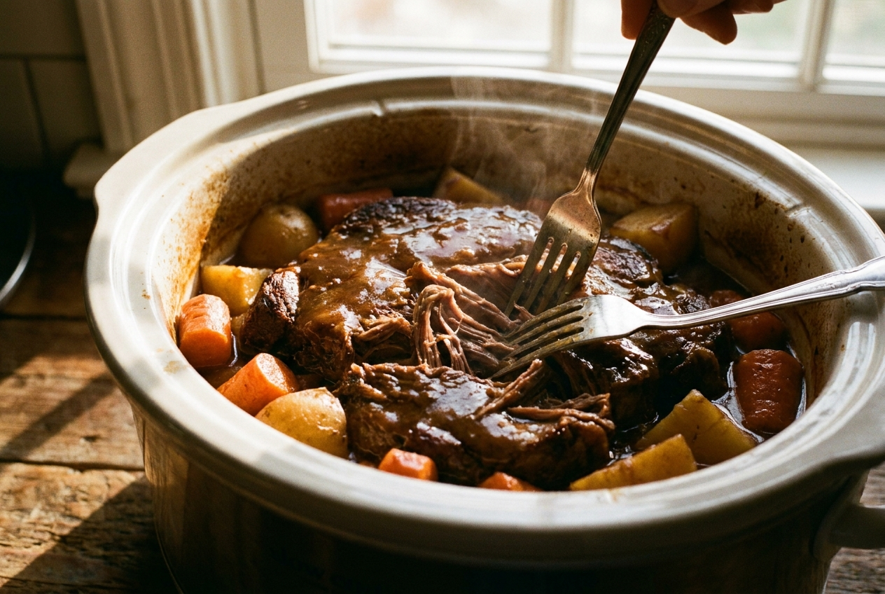Fork-tender pot roast being shredded with two forks inside the slow cooker