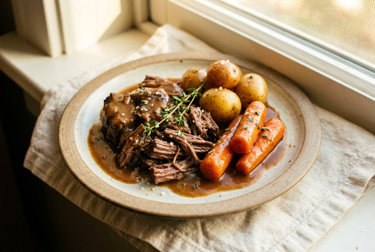 Plated crockpot pot roast with shredded beef, glazed carrots, baby potatoes and rich brown gravy