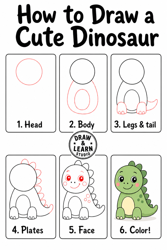 Dinosaur drawing ideas worksheet showing how to draw a dinosaur in 6 easy numbered steps