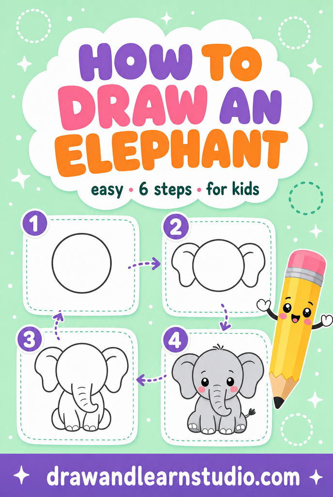 Elephant drawing ideas step-by-step guide showing how to draw an elephant in easy numbered panels