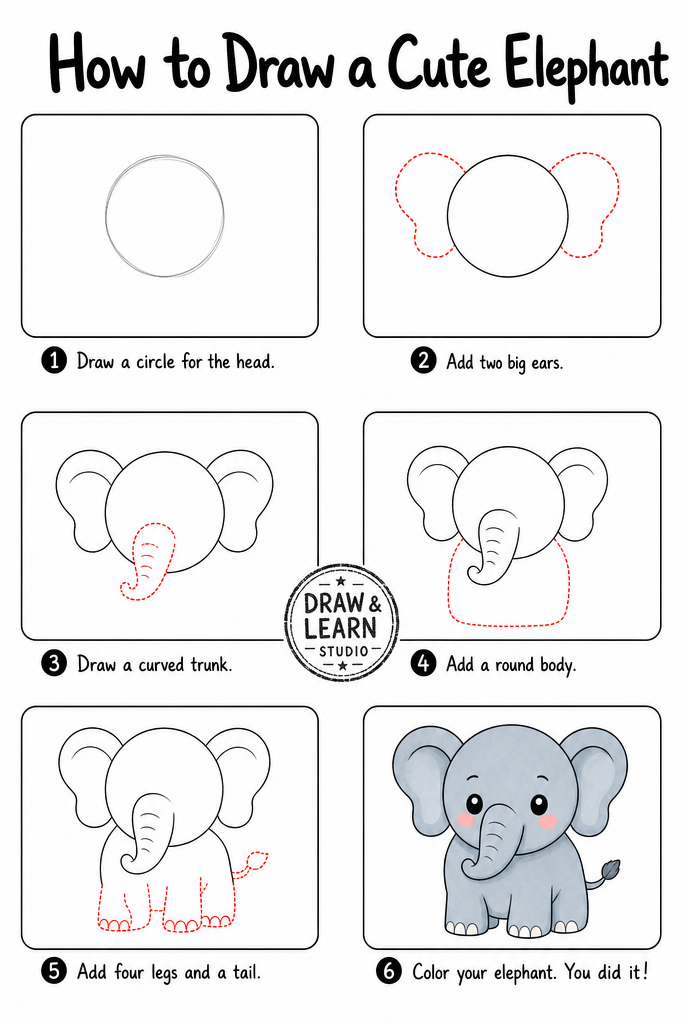 How to draw an elephant easy step by step tutorial sheet